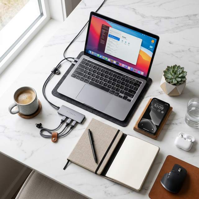 Top-down flat lay of a modern remote work setup on a marble desk with MacBook Pro, notebook, pen, smartphone, coffee cup and succulent plant, bright natural light, no people